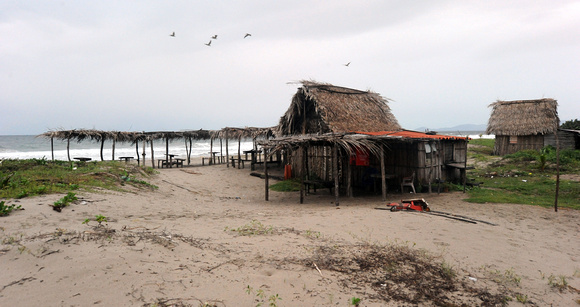 Garífuna huts on coast near Guaimoreto Lagoon.